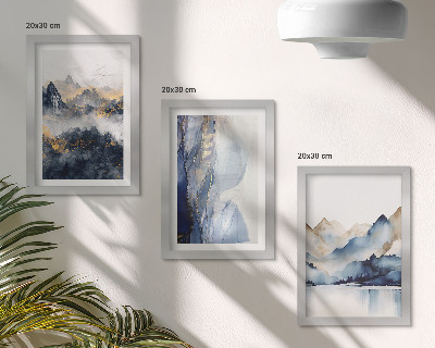 Trittico incorniciato Paesaggi montani con tonalità blu e grigie