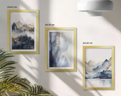 Trittico incorniciato raffigurante paesaggi montani con tonalità blu e grigie