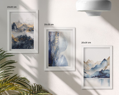 Trittico incorniciato Paesaggi montani con tonalità blu e grigie