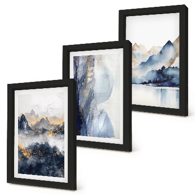 Trittico incorniciato Paesaggi montani con tonalità blu e grigie