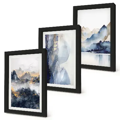 Trittico incorniciato raffigurante paesaggi montani con tonalità blu e grigie