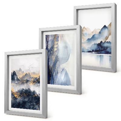 Trittico incorniciato Paesaggi montani con tonalità blu e grigie