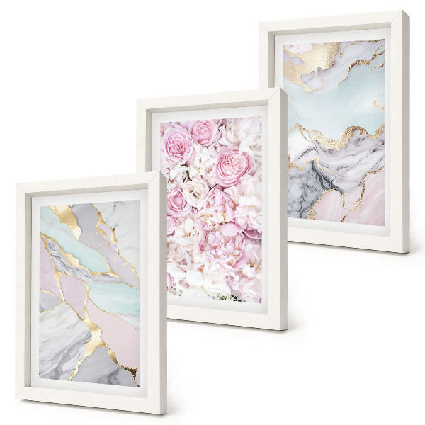 Composizione di 3 quadri Fiori rosa con motivi marmorizzati e pastello