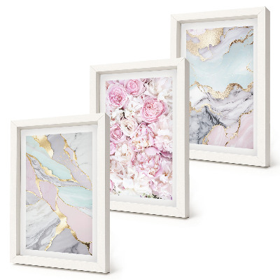 Composizione di 3 quadri Fiori rosa con motivi marmorizzati e pastello