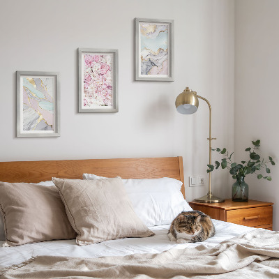 Composizione di 3 quadri Fiori rosa con motivi marmorizzati e pastello