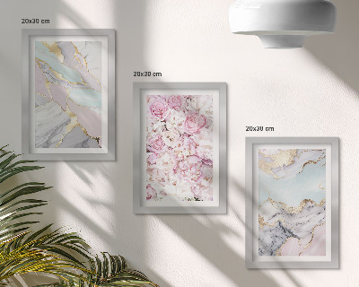 Composizione di 3 quadri Fiori rosa con motivi marmorizzati e pastello