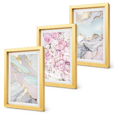 Composizione di 3 quadri Fiori rosa con motivi marmorizzati e pastello