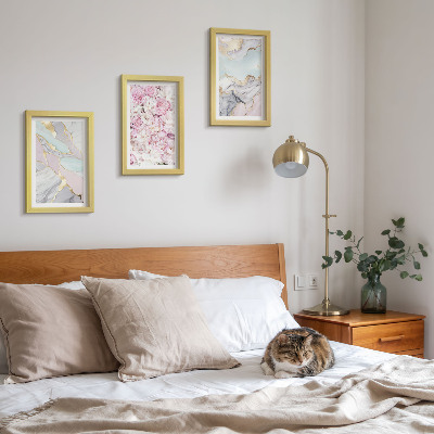 Composizione di 3 quadri Fiori rosa con motivi marmorizzati e pastello