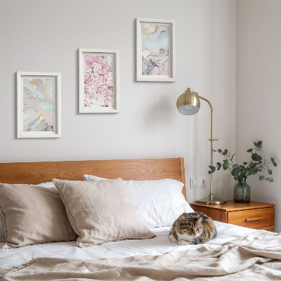Composizione di 3 quadri Fiori rosa con motivi marmorizzati e pastello