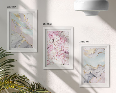 Composizione di 3 quadri Fiori rosa con motivi marmorizzati e pastello