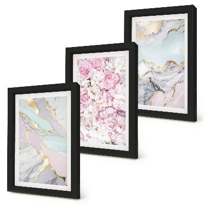 Composizione di 3 quadri Fiori rosa con motivi marmorizzati e pastello