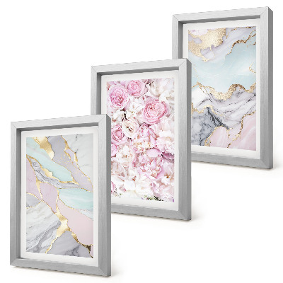 Composizione di 3 quadri Fiori rosa con motivi marmorizzati e pastello