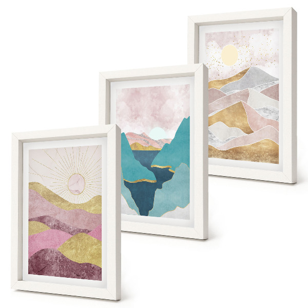 Trittico incorniciato Paesaggi astratti con montagne e sole