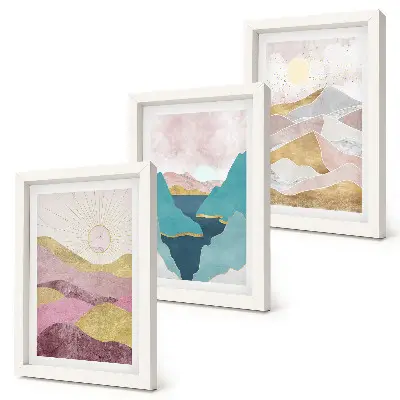 Trittico di paesaggi astratti con montagne e sole versione incorniciata