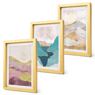 Trittico incorniciato Paesaggi astratti con montagne e sole