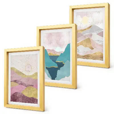 Trittico di paesaggi astratti con montagne e sole versione incorniciata