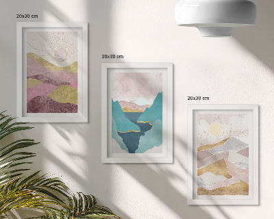 Trittico incorniciato Paesaggi astratti con montagne e sole