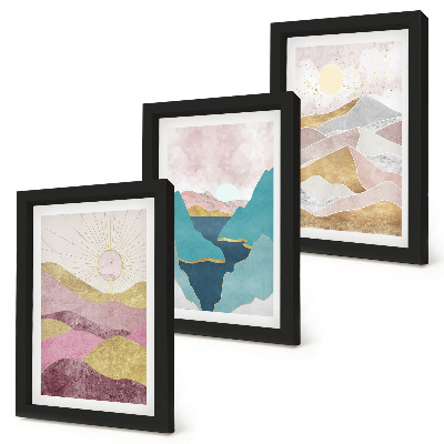 Trittico incorniciato Paesaggi astratti con montagne e sole