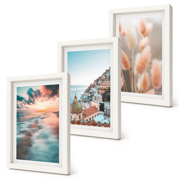 Composizione di 3 quadri Vista mare, tramonto, case colorate, fiori