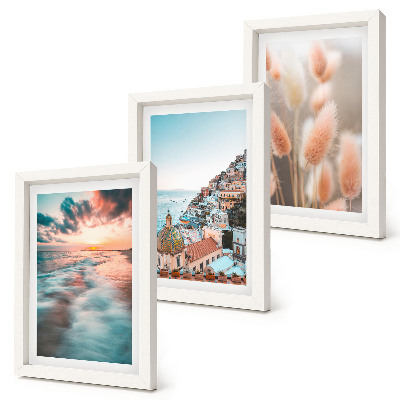Composizione di 3 quadri Vista mare, tramonto, case colorate, fiori