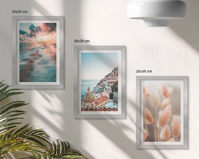 Composizione di 3 quadri Vista mare, tramonto, case colorate, fiori