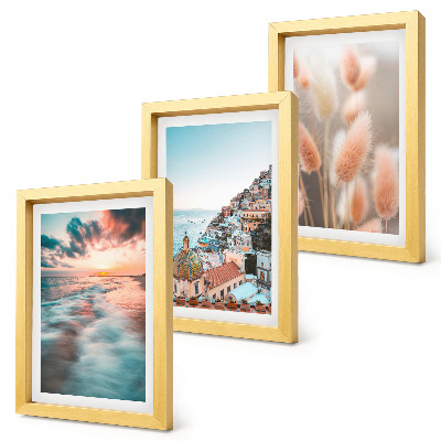 Composizione di 3 quadri Vista mare, tramonto, case colorate, fiori