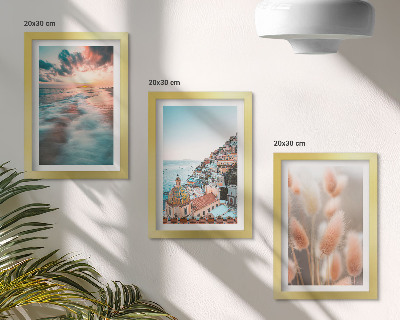 Composizione di 3 quadri Vista mare, tramonto, case colorate, fiori