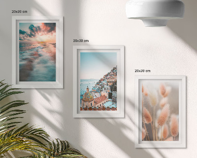 Composizione di 3 quadri Vista mare, tramonto, case colorate, fiori