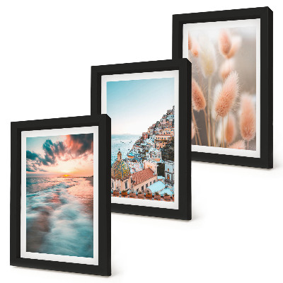 Composizione di 3 quadri Vista mare, tramonto, case colorate, fiori
