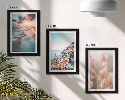 Composizione di 3 quadri Vista mare, tramonto, case colorate, fiori