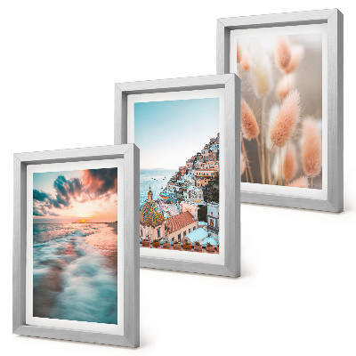 Composizione di 3 quadri Vista mare, tramonto, case colorate, fiori