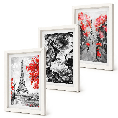 Composizione di 3 quadri Quadri grigi con dettagli rossi raffiguranti la Torre Eiffel.
