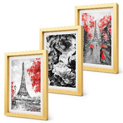 Composizione di 3 quadri Quadri grigi con dettagli rossi raffiguranti la Torre Eiffel.