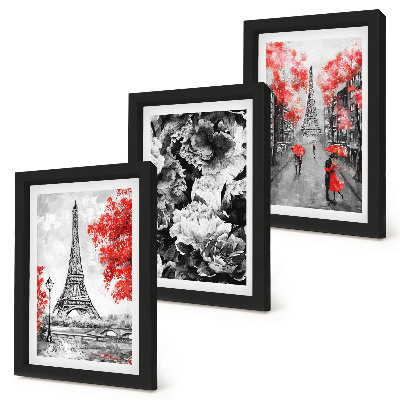 Composizione di 3 quadri Quadri grigi con dettagli rossi raffiguranti la Torre Eiffel.