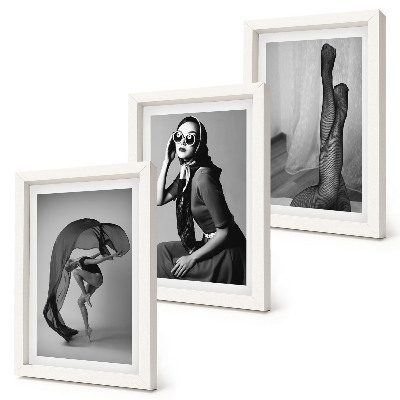 Composizione di 3 quadri Eleganti ritratti in bianco e nero di donne in pose raffinate.