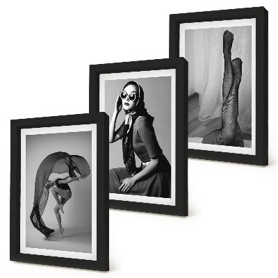 Composizione di 3 quadri Eleganti ritratti in bianco e nero di donne in pose raffinate.