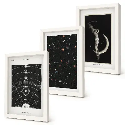 Trittico incorniciato galassie del sistema solare con figura sulla luna di notte