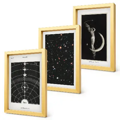 Trittico incorniciato galassie del sistema solare con figura sulla luna di notte