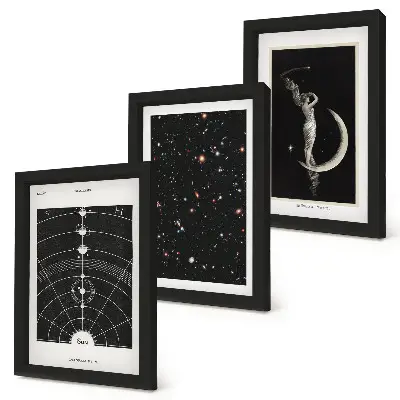 Trittico incorniciato galassie del sistema solare con figura sulla luna di notte