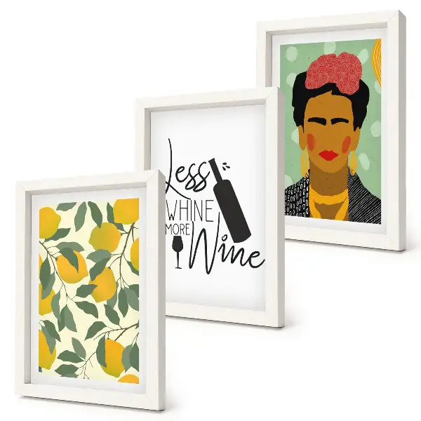 Composizione di 3 quadri con slogan sui limoni a tema vino e ritratto di Frida Kahlo