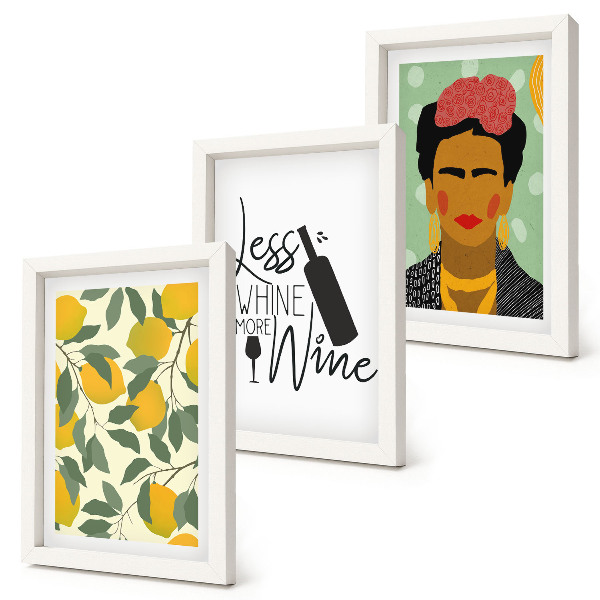 Composizione di 3 quadri Slogan sui limoni riguardo al vino e ritratto di Frida Kahlo