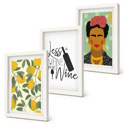 Composizione di 3 quadri con slogan sui limoni a tema vino e ritratto di Frida Kahlo
