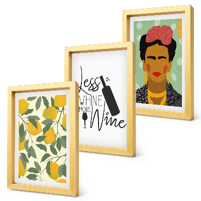 Composizione di 3 quadri Slogan sui limoni riguardo al vino e ritratto di Frida Kahlo