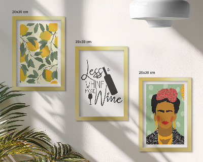 Composizione di 3 quadri Slogan sui limoni riguardo al vino e ritratto di Frida Kahlo