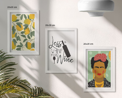 Composizione di 3 quadri Slogan sui limoni riguardo al vino e ritratto di Frida Kahlo