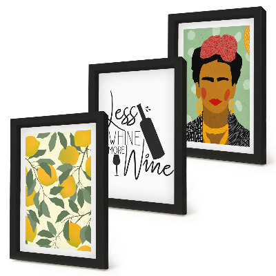 Composizione di 3 quadri Slogan sui limoni riguardo al vino e ritratto di Frida Kahlo