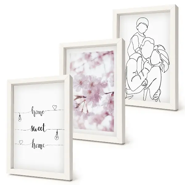 Composizione di 3 quadri con fiori e famiglia in stile minimalista