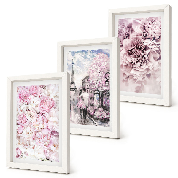 Trittico incorniciato Fiori nelle sfumature del rosa, paesaggio romantico