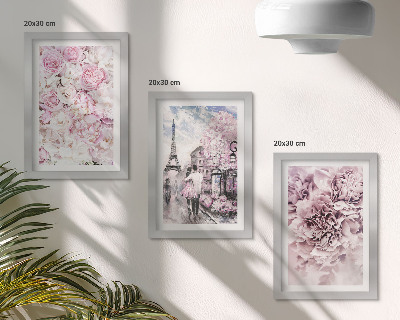 Trittico incorniciato Fiori nelle sfumature del rosa, paesaggio romantico