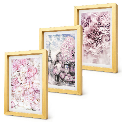 Trittico incorniciato Fiori nelle sfumature del rosa, paesaggio romantico